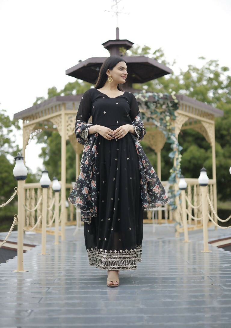 Black Faux Blooming Sequins Zari Embroidered Anarkali Dress