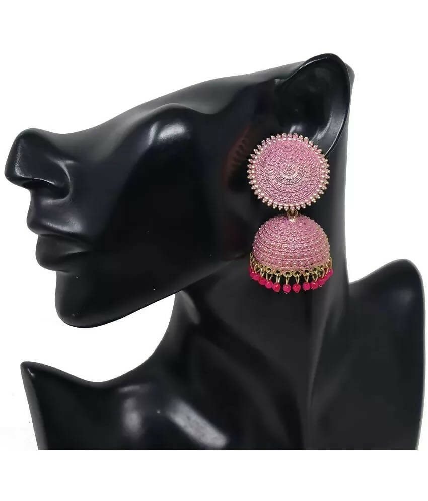 Gold-Polished Meenakari Jhumka Earrings for Girls (Magenta)