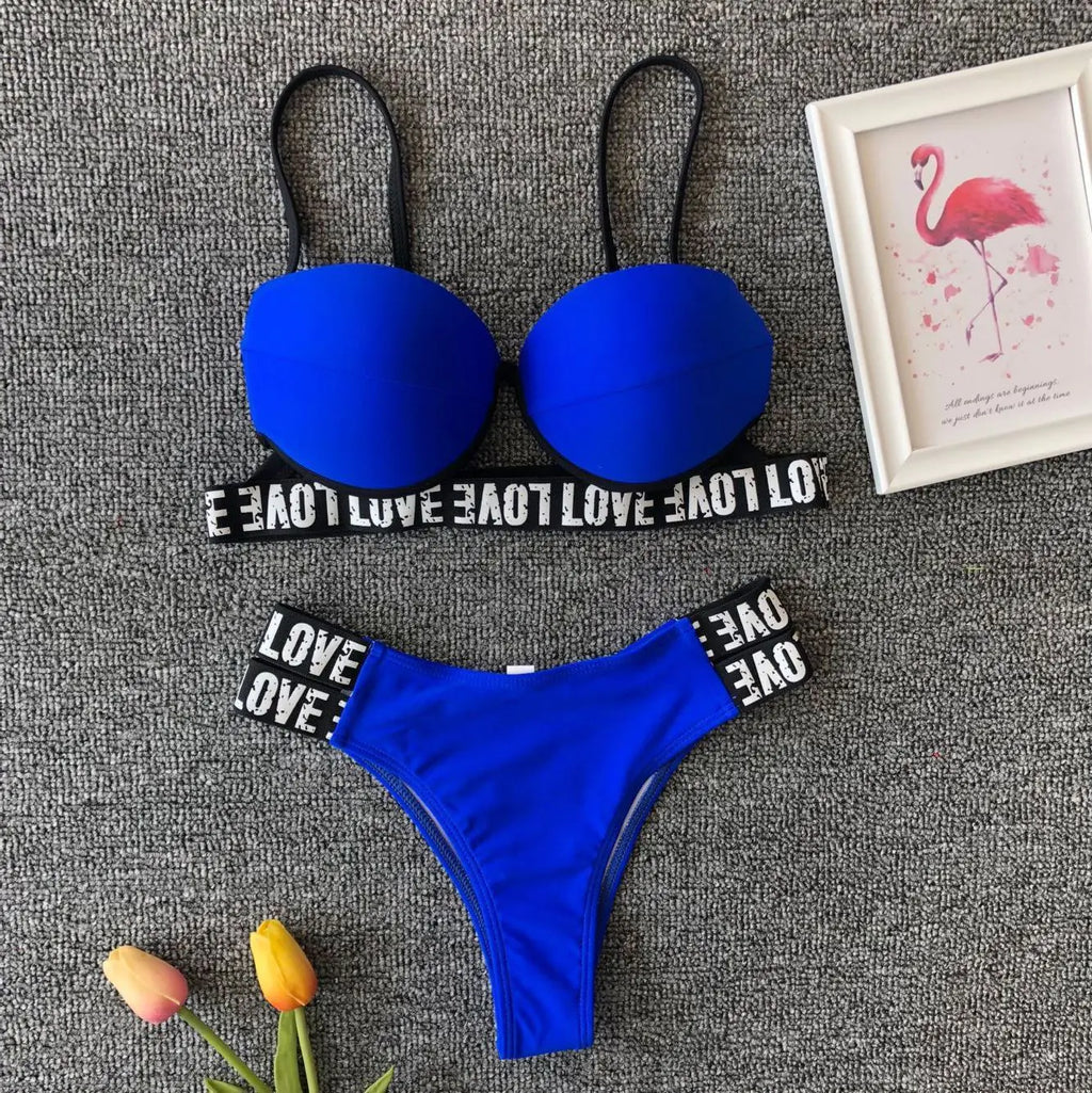 Women's Letter Print Bikini Swimsuit Set with Padded Top - Image 10