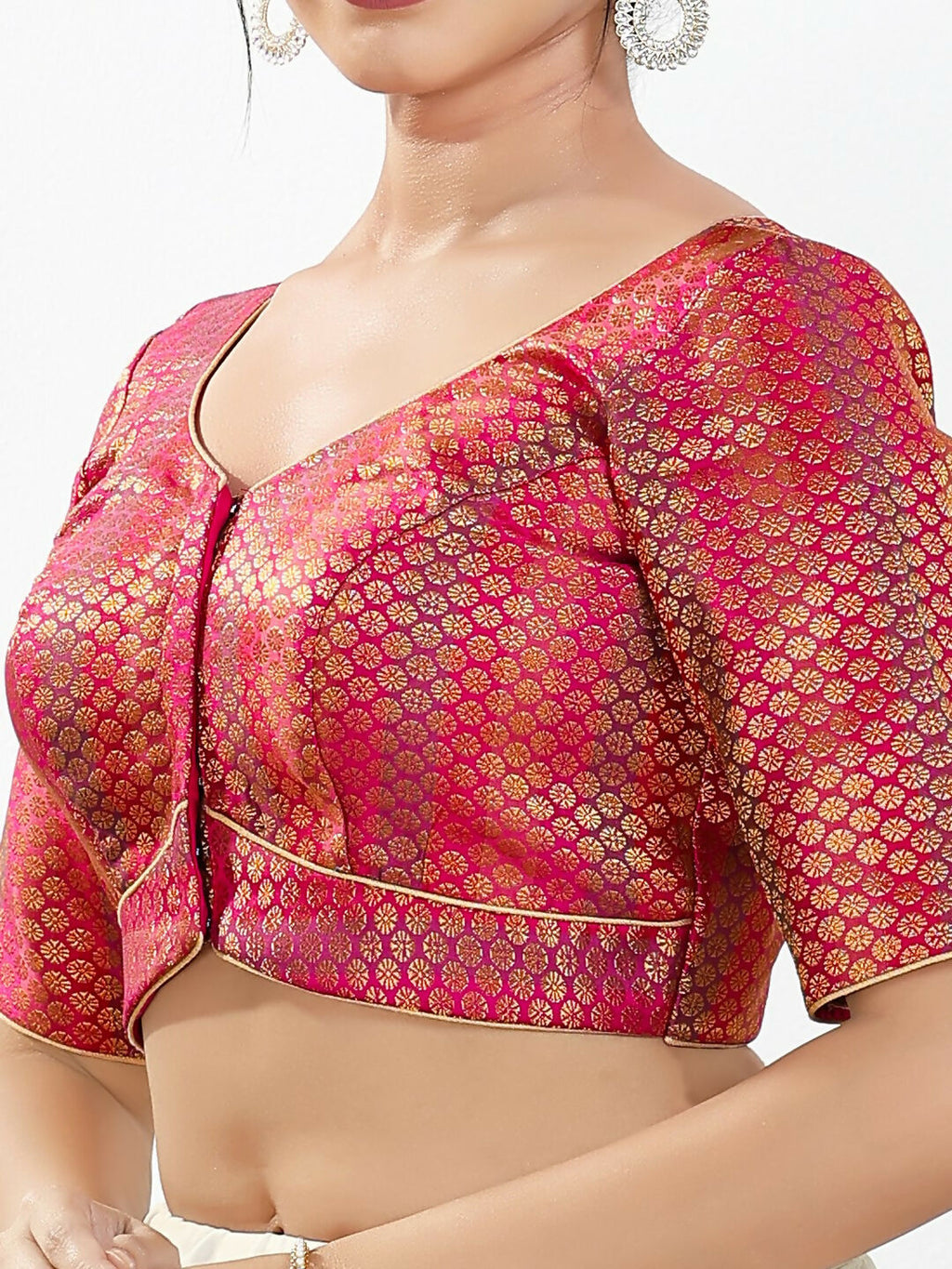 Pink Brocade Sweetheart Neck Padded Blouse with Elbow Sleeves