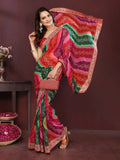 Multi-colored digital print georgette party wear saree with a red blouse