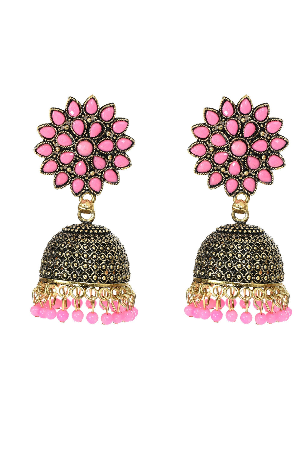 Baby pink Kundan work Jhumka earrings for girls featuring brass metal and decorative beads