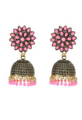 Baby pink Kundan work Jhumka earrings for girls featuring brass metal and decorative beads