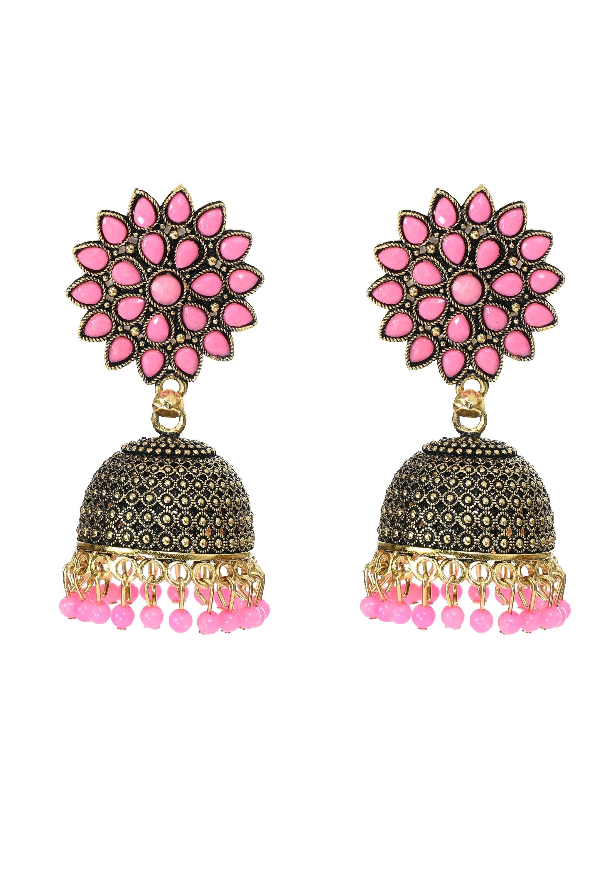 Baby pink Kundan work Jhumka earrings for girls featuring brass metal and decorative beads