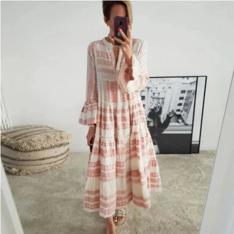 Women's Geometric Print V-Neck Maxi Dress