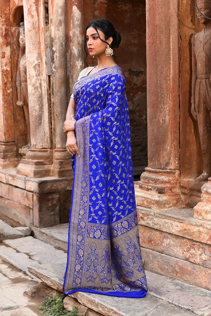 Violet Crepe Chiffon Handloom Banarasi Silk Saree with Gold Zari