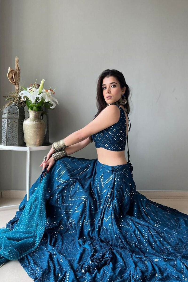 Blue Georgette Lehenga Choli with 3MM Sequins and Thread Embroidery