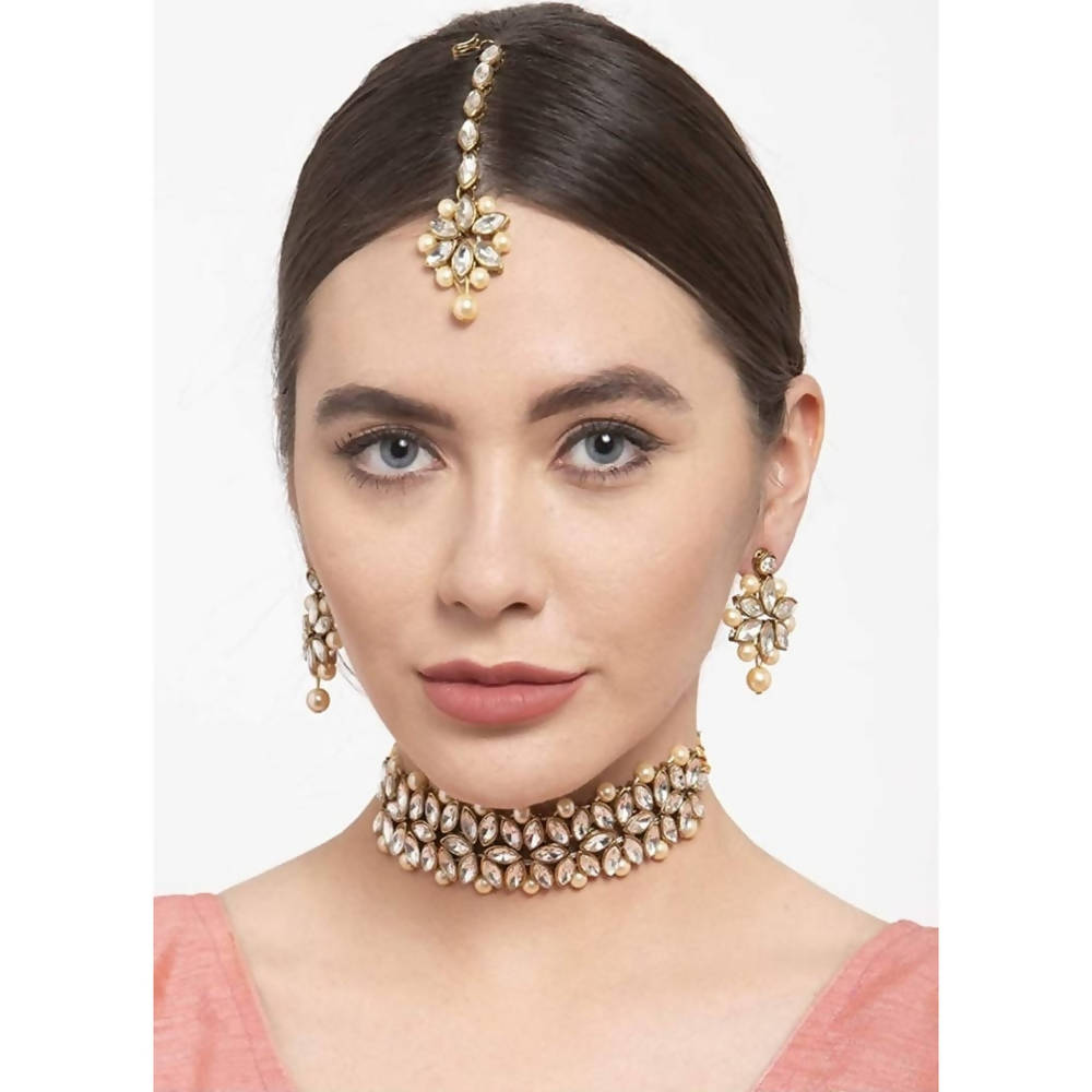 Gold-Polished Necklace Set with Pearls and Stone Accents