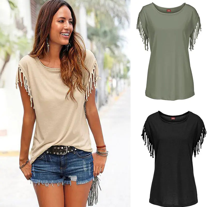 Women's Fringe Sleeve Casual T-Shirt Top - Image 16