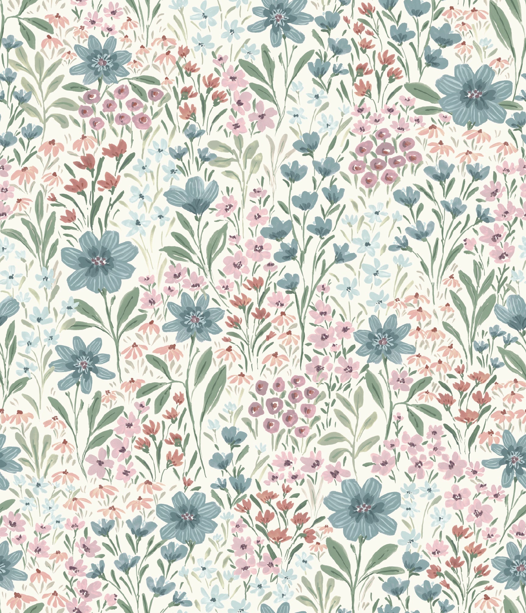 Oaklyn Floral Wallpaper in Sage, Blue, and Dusty-Pink