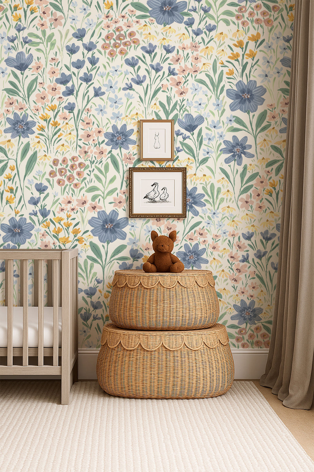 Oaklyn Floral Wallpaper in Sage, Blue, and Dusty-Pink
