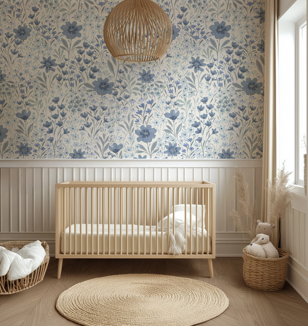 Oaklyn Floral Wallpaper in Sage, Blue, and Dusty-Pink