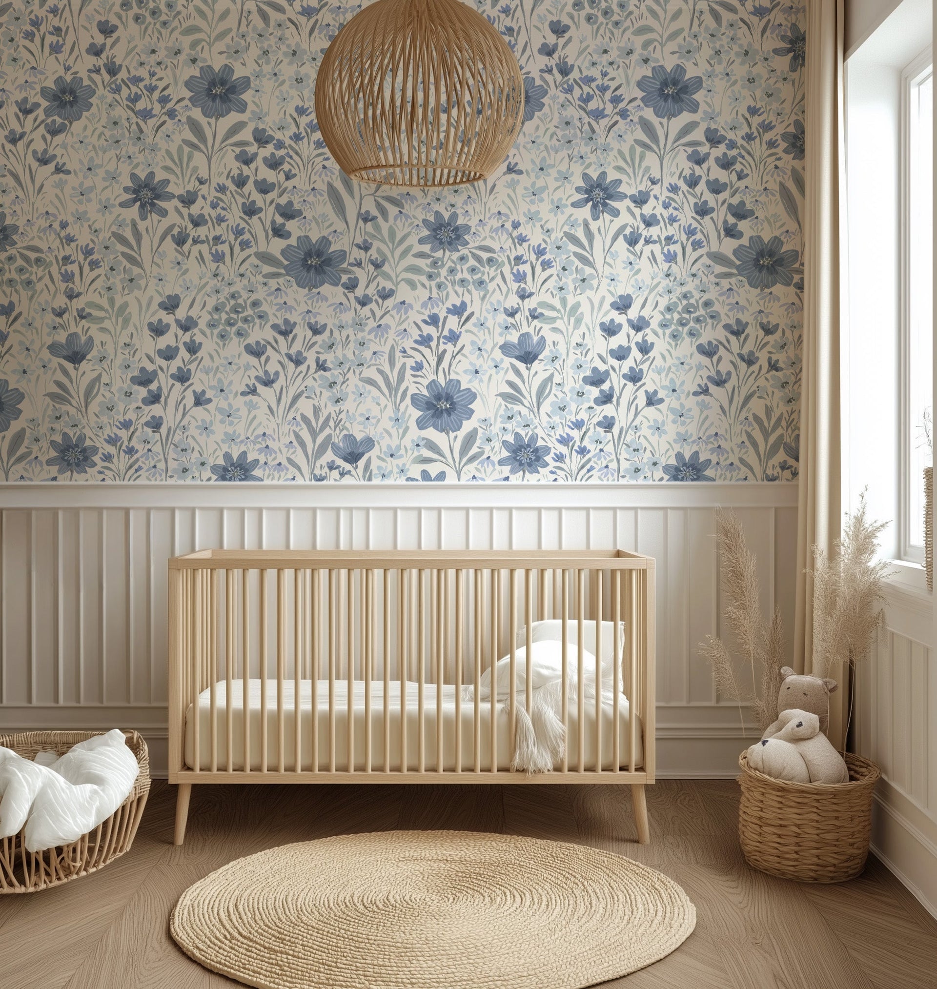 Oaklyn Floral Wallpaper in Sage, Blue, and Dusty-Pink