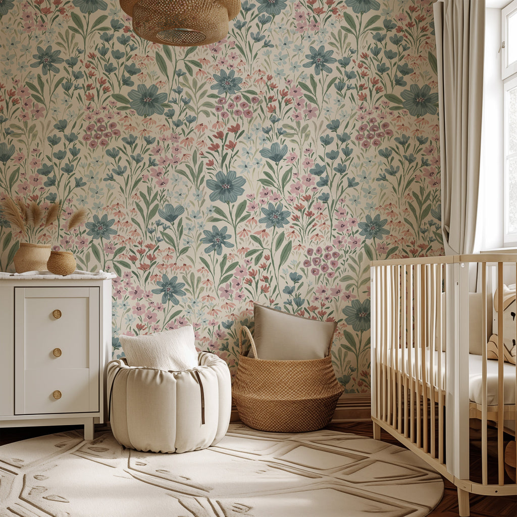 Oaklyn Floral Wallpaper in Sage, Blue, and Dusty-Pink