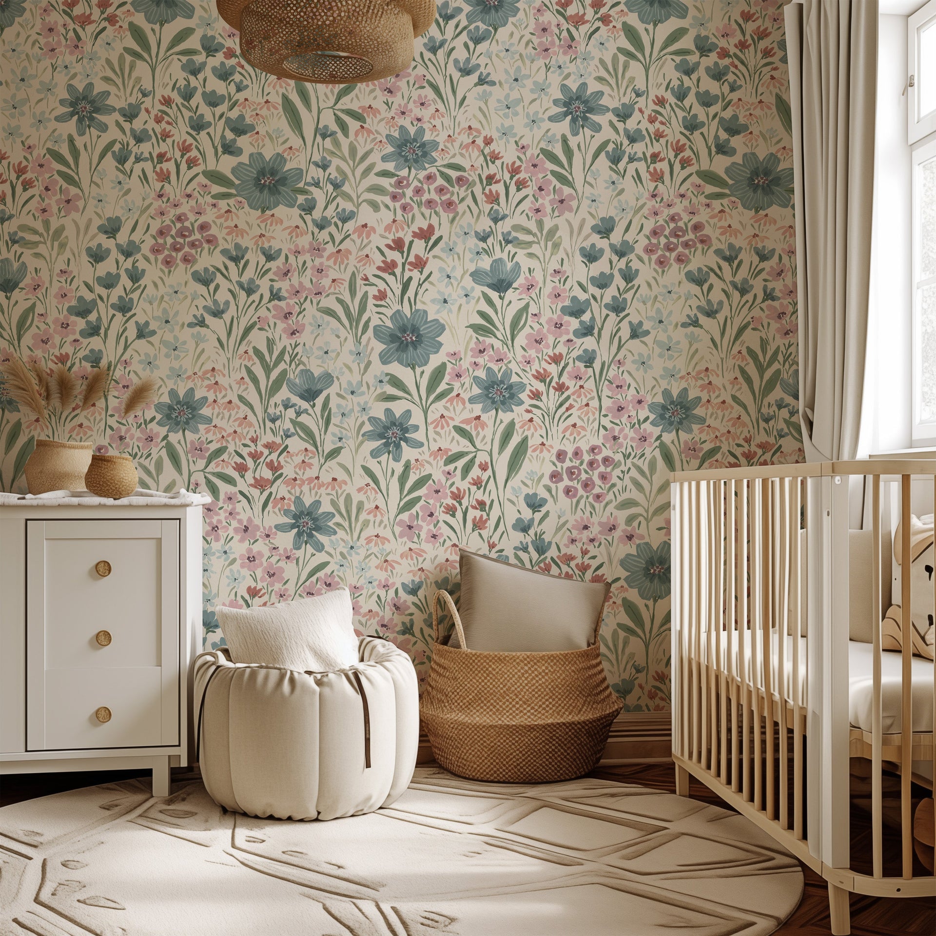 Oaklyn Floral Wallpaper in Sage, Blue, and Dusty-Pink