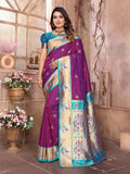 Elegant wine-colored Paithani soft silk saree with intricate woven patterns and matching blouse fabric.