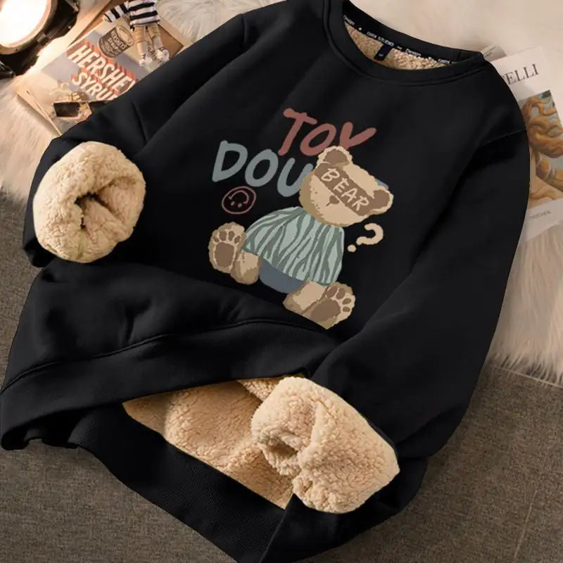 Women's Cream Fleece Lined Graphic Sweater with Cute Bear Print - Image 28