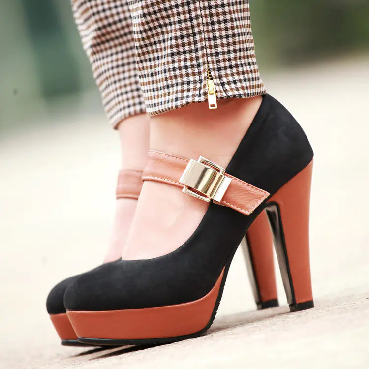 Women Navy and Tan Platform Mary Jane Heels with Buckle - Image 2