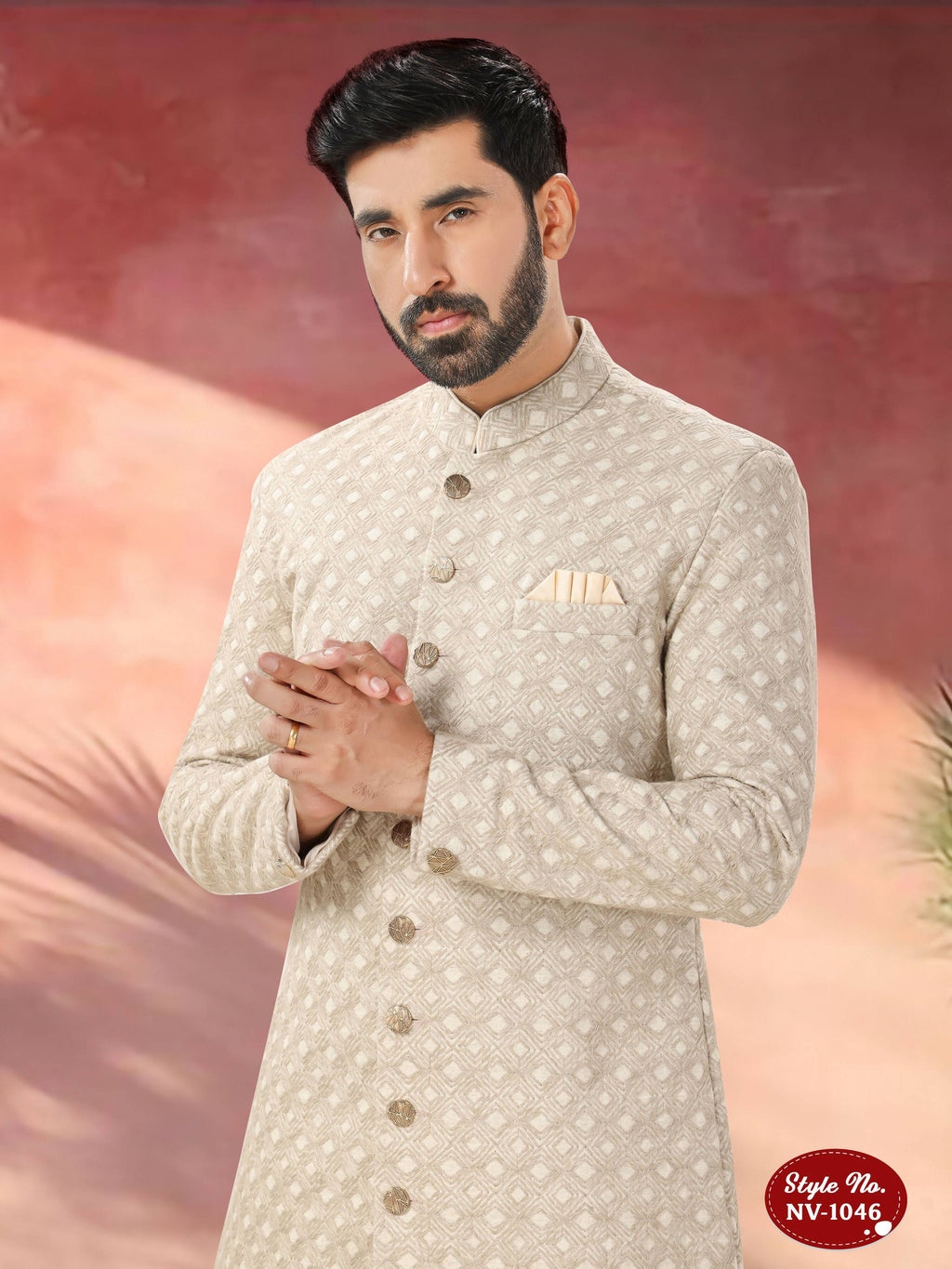 Men's Beige Swed Velvet Kurta Set with Thread & Sequence Detail