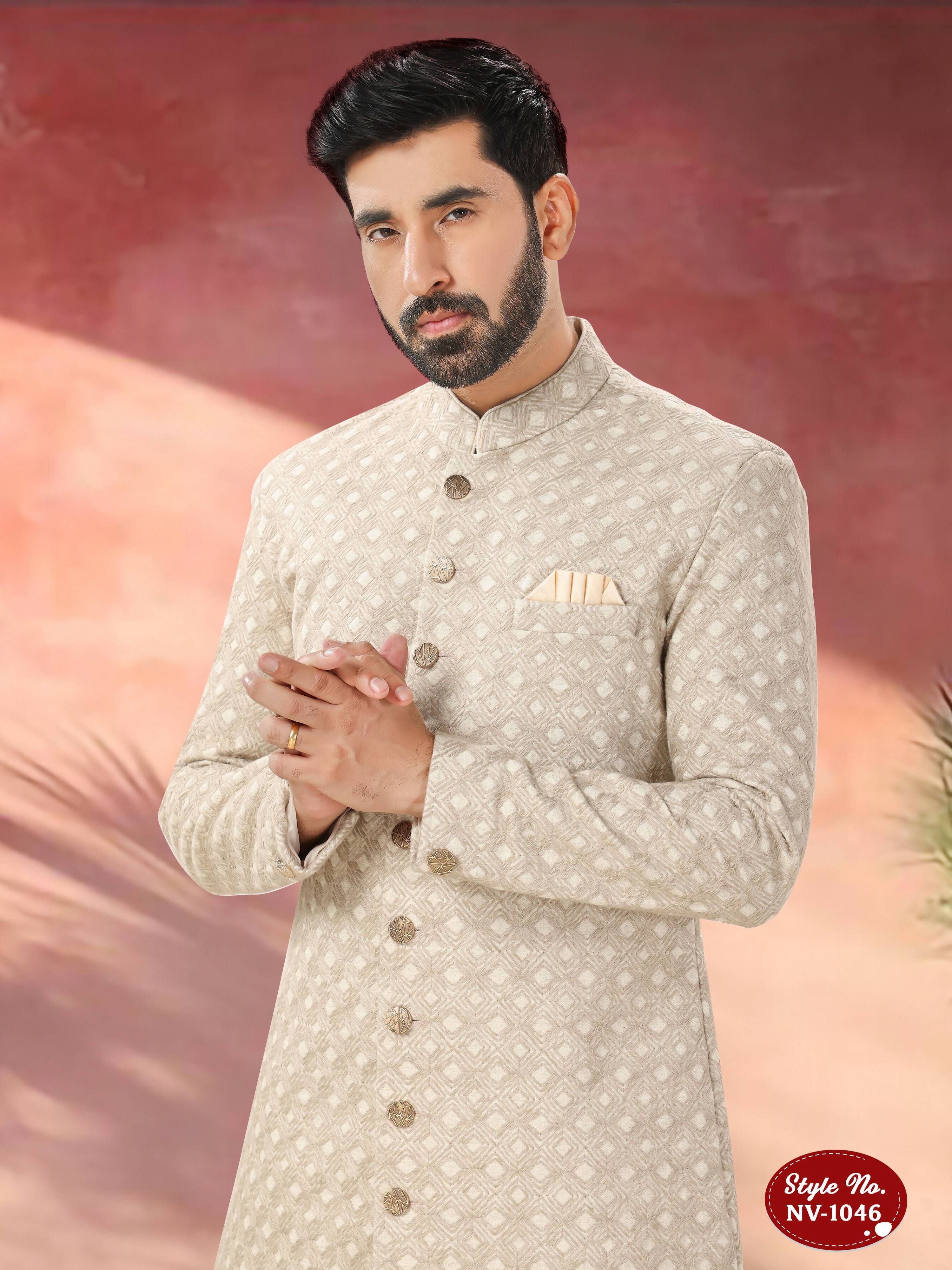 Men's Beige Swed Velvet Kurta Set with Thread & Sequence Detail