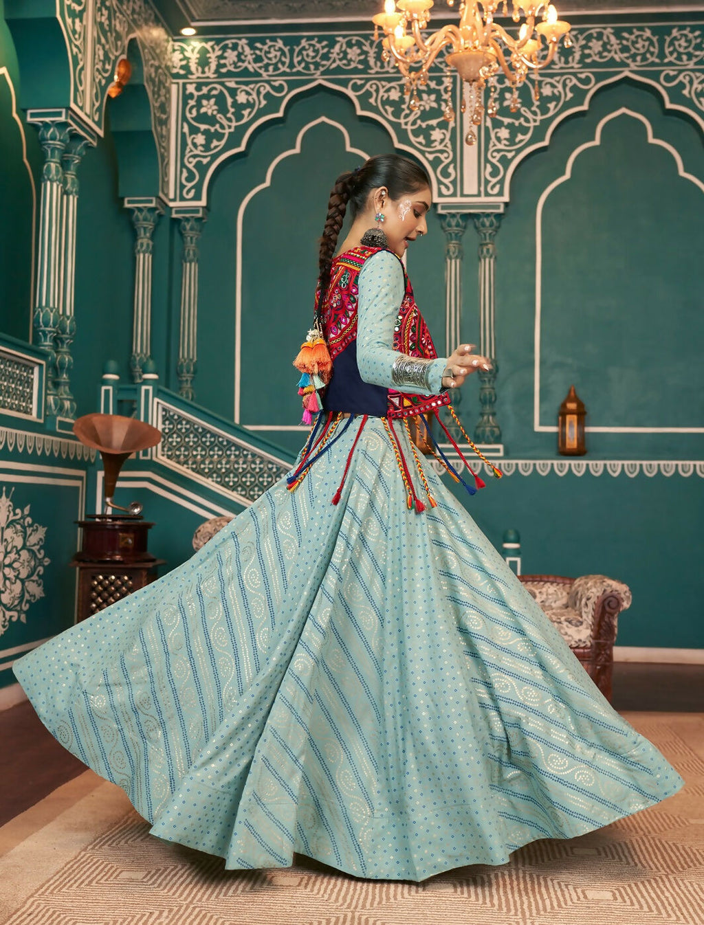 Pista Green Viscose Rayon Navratri Lehenga Choli Set