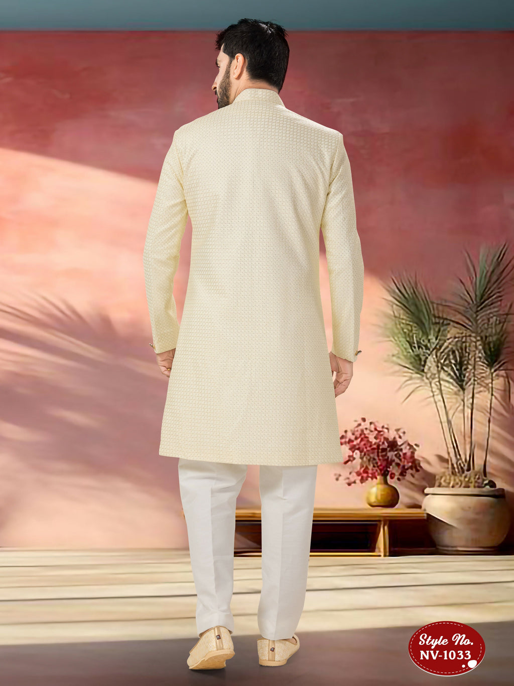 Men's Cream Silk Indo-Western Kurta Set with Sequence Details