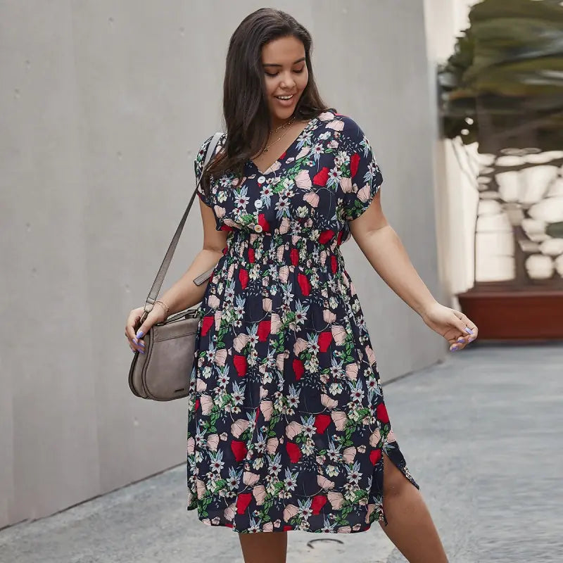 Women's V-Neck Floral Print Midi Beach Dress with Smocked Waist - Image 6