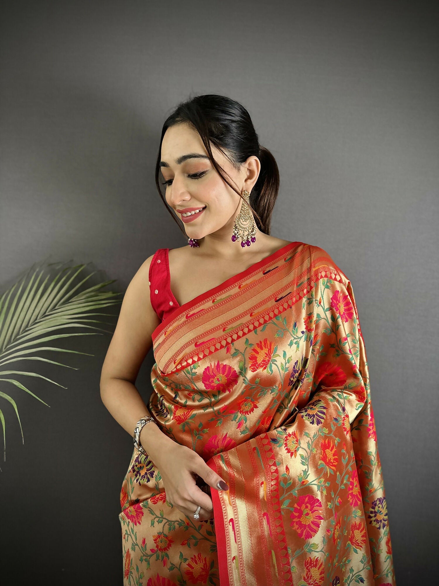 Light Orange Multi-Colored Floral Motif Soft Silk Paithani Saree