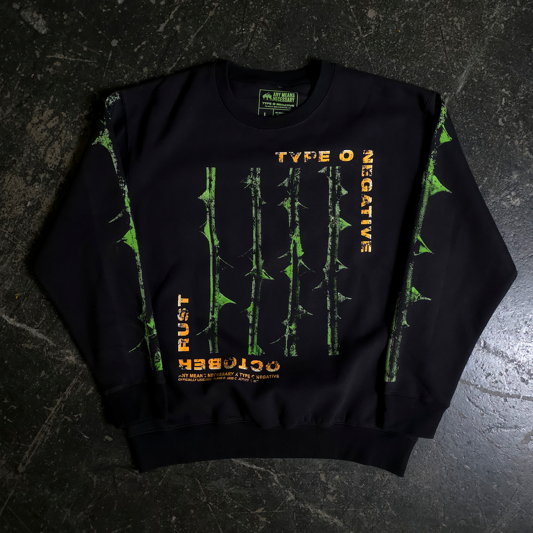 Black crewneck sweatshirt with green thorn graphic and Type O Negative branding on the front.