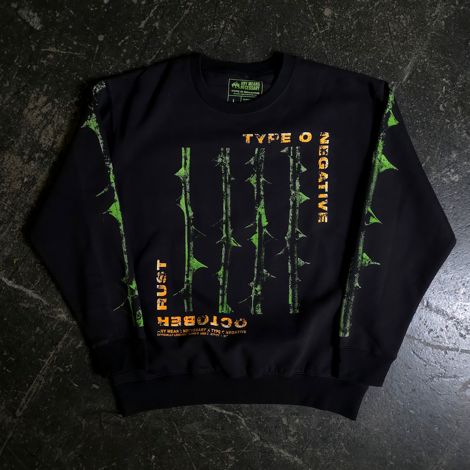 Black crewneck sweatshirt with green thorn graphic and Type O Negative branding on the front.