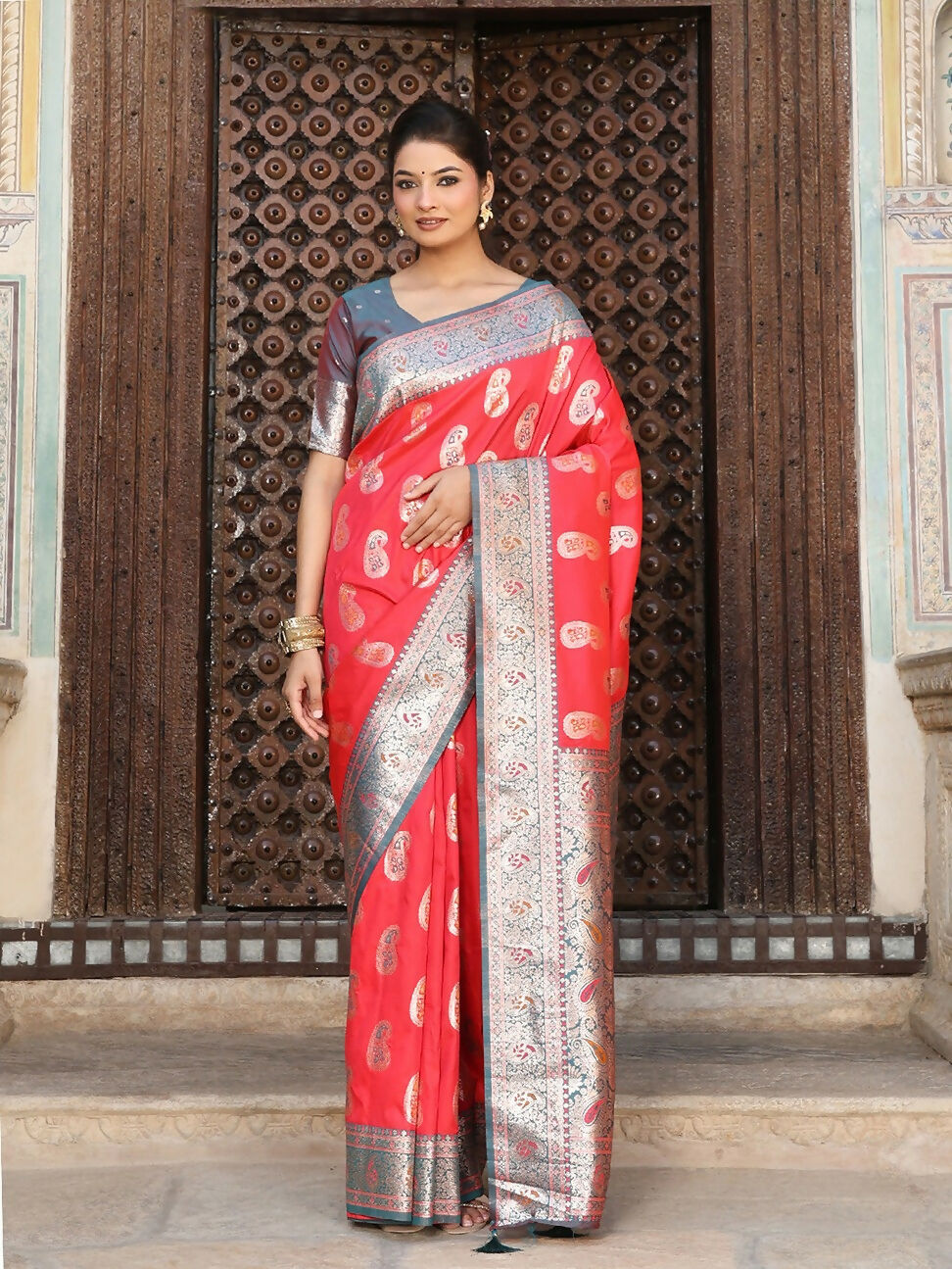 Shree Shyam Fashion Red Silk Saree