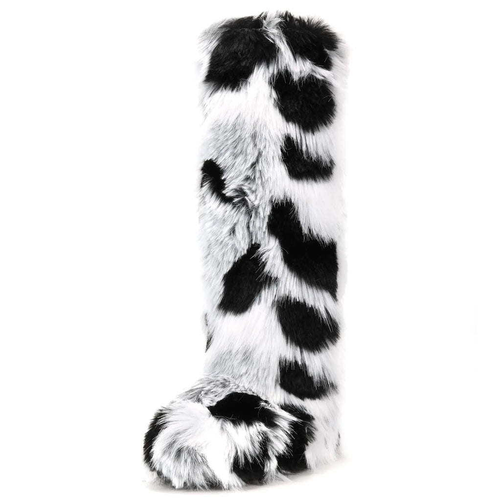 ZVC Womens Faux Fur Boots Comfortable Furry Snow Boots Fluffy Winter Boots Warm Fuzzy Outdoor Knee-High Boots Indoor Flat Shoes