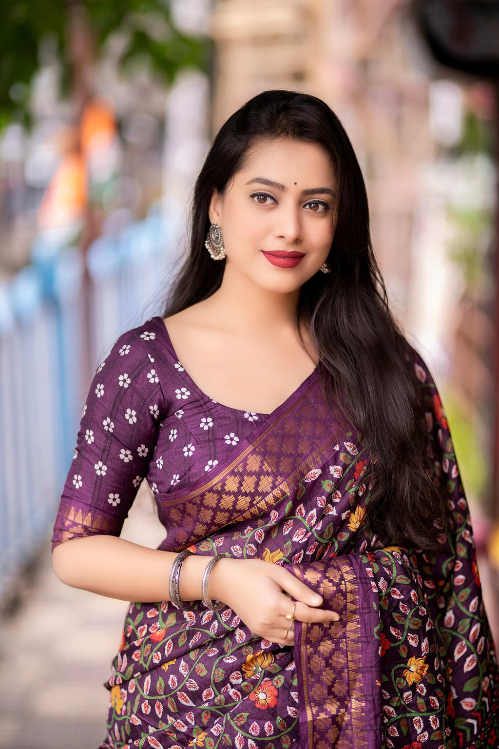 Purple Slub Silk Printed Saree with Unstitched Blouse Piece