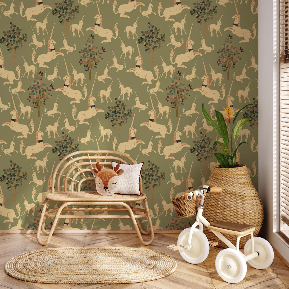 Odette vintage wallpaper in olive green and cream