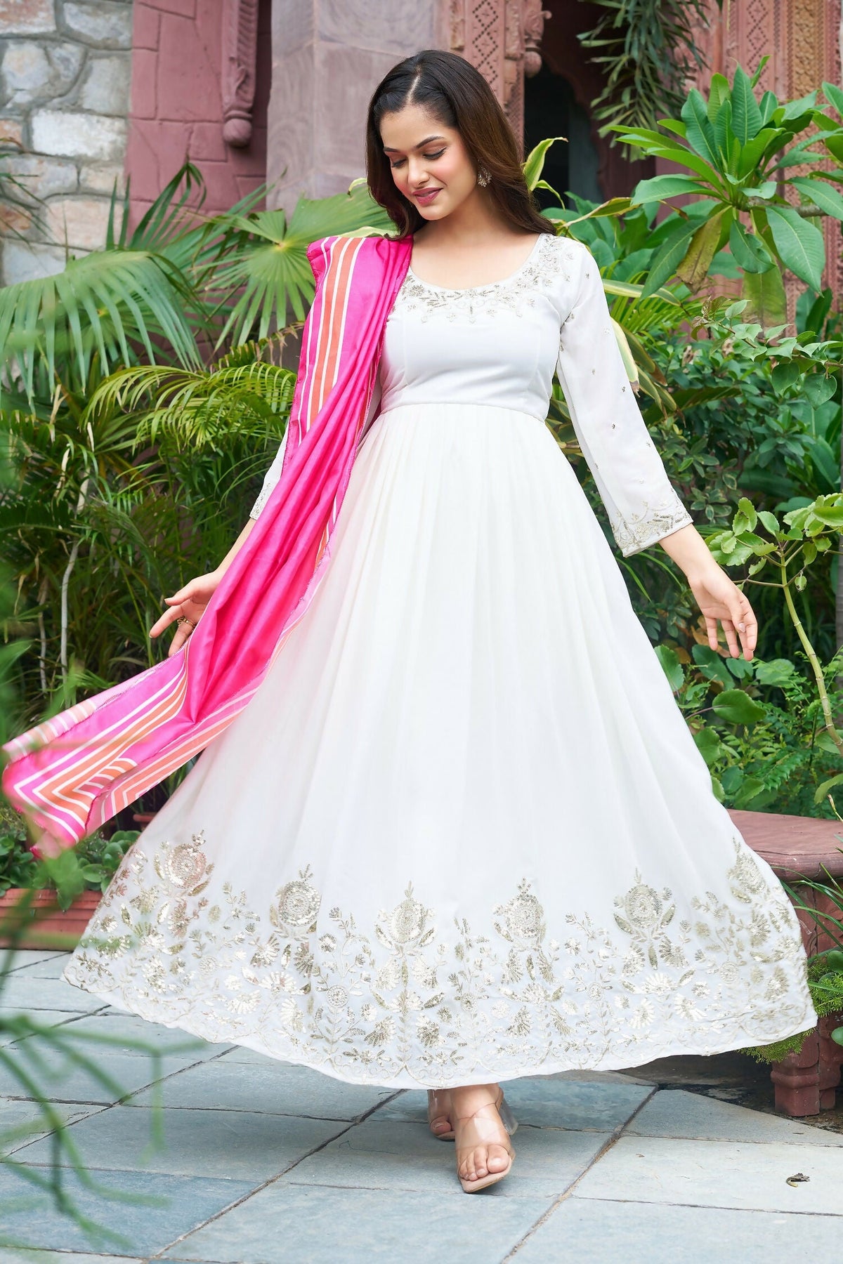 White Georgette Kurta Set with Embroidery and Sequence Work