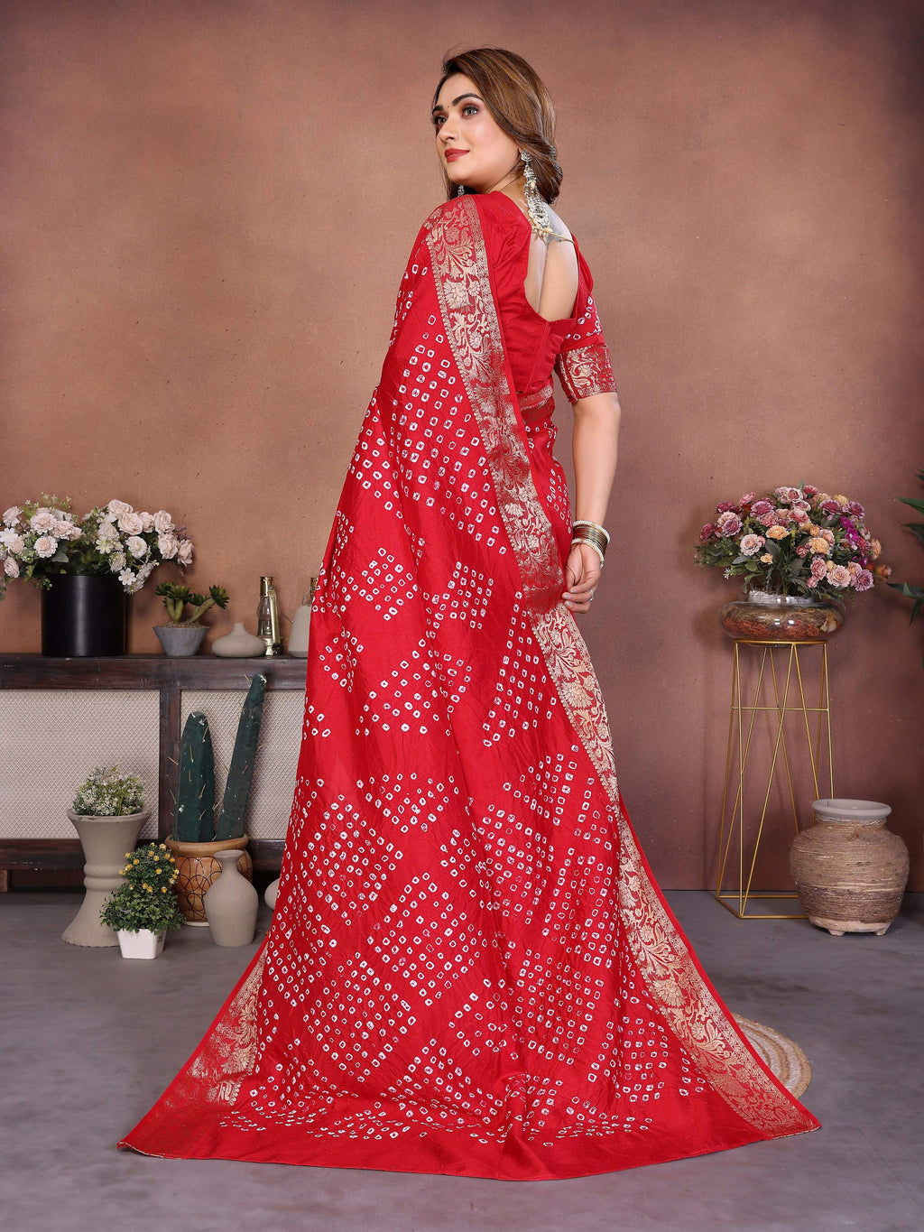 Red Pure Dola Silk Saree with Authentic Handmade Bandhej Work