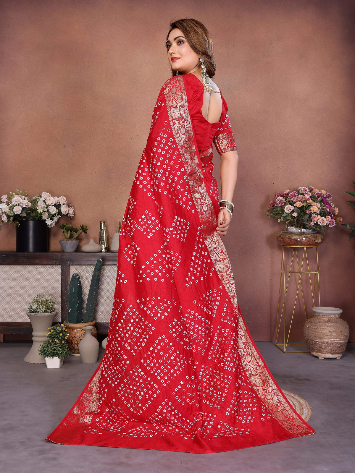 Red Pure Dola Silk Saree with Authentic Handmade Bandhej Work
