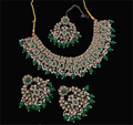 Green Stone Work Necklace Set with matching earrings for traditional wear