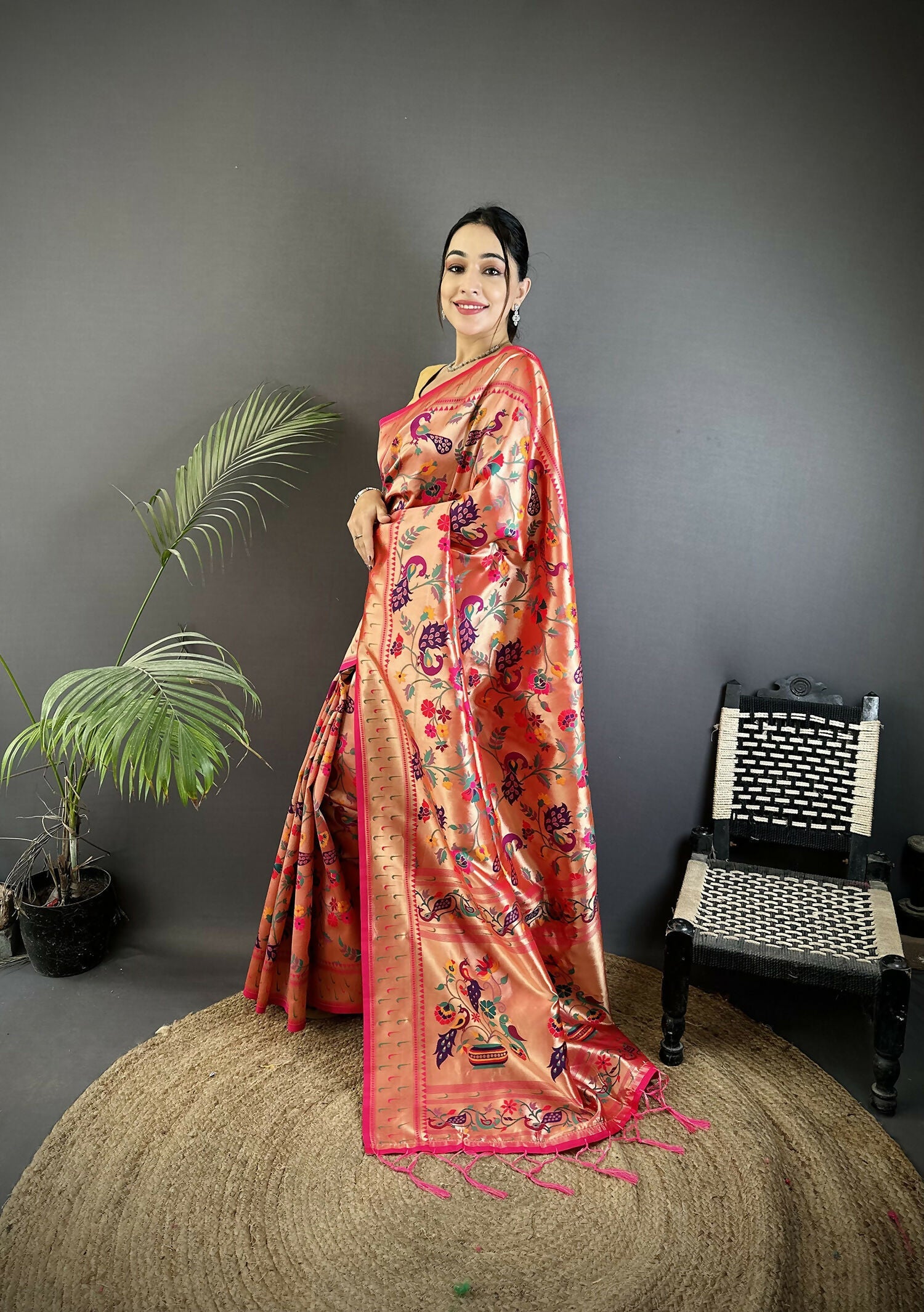 Reddish Pink Peacock & Floral Soft Silk Paithani Saree