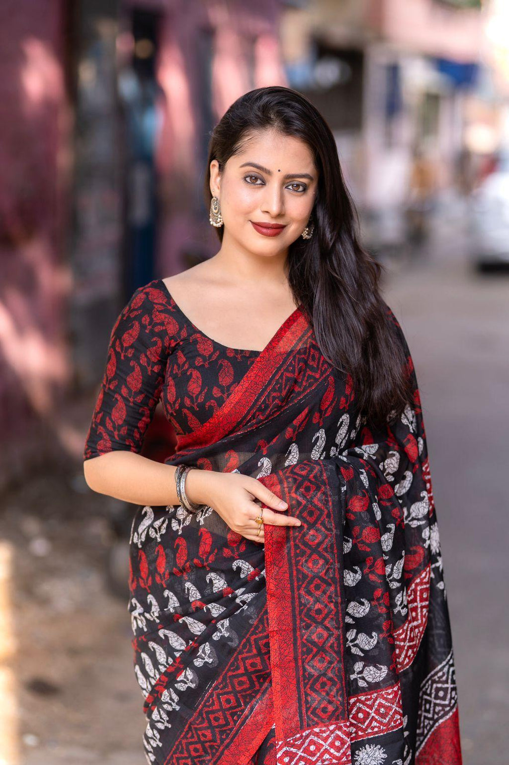 Red Linen Blend Saree with Printed Ethnic Motifs