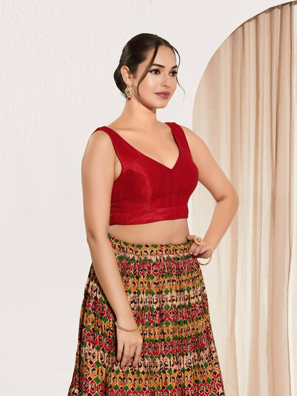 Red Mulberry Silk Padded Blouse with Round Neck