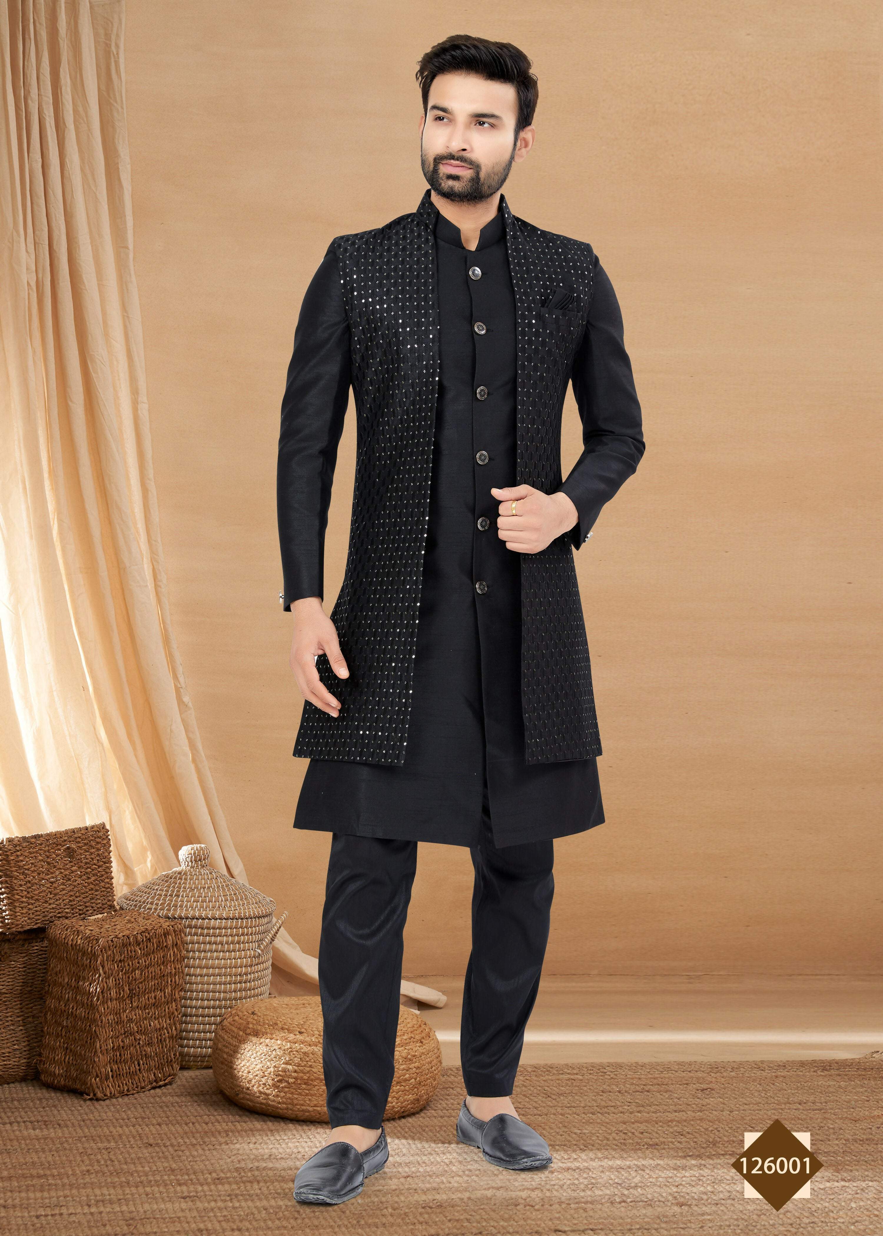 Men wearing a black heavy art silk straight kurta and jacket Indowestern set