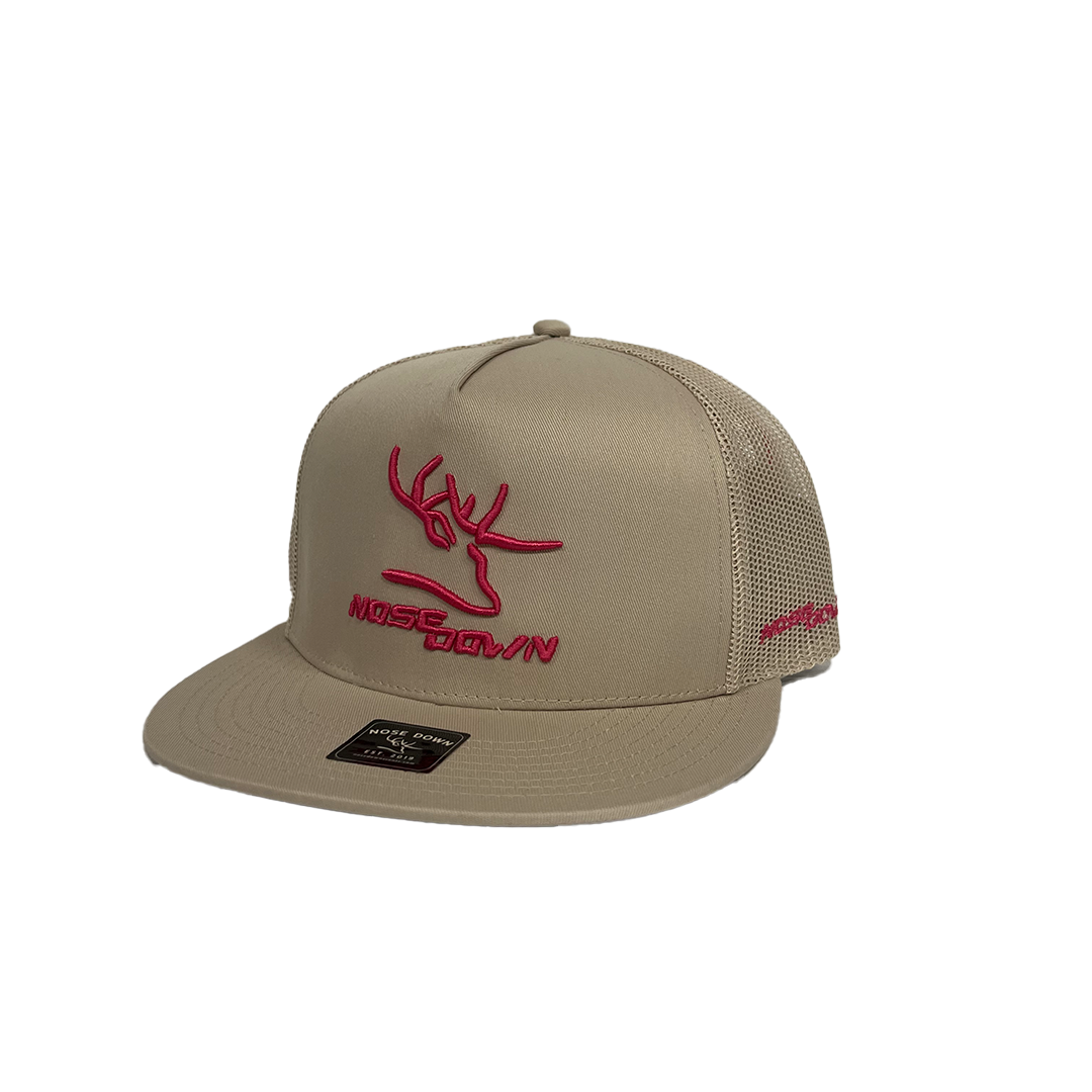 Unisex classic snapback hat with Nose Down 3D puff embroidery in neutral colorway.
