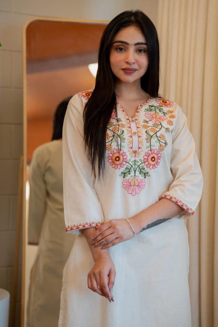 Offwhite Pure Khadi Cotton Embroidery Kurta Pant Set