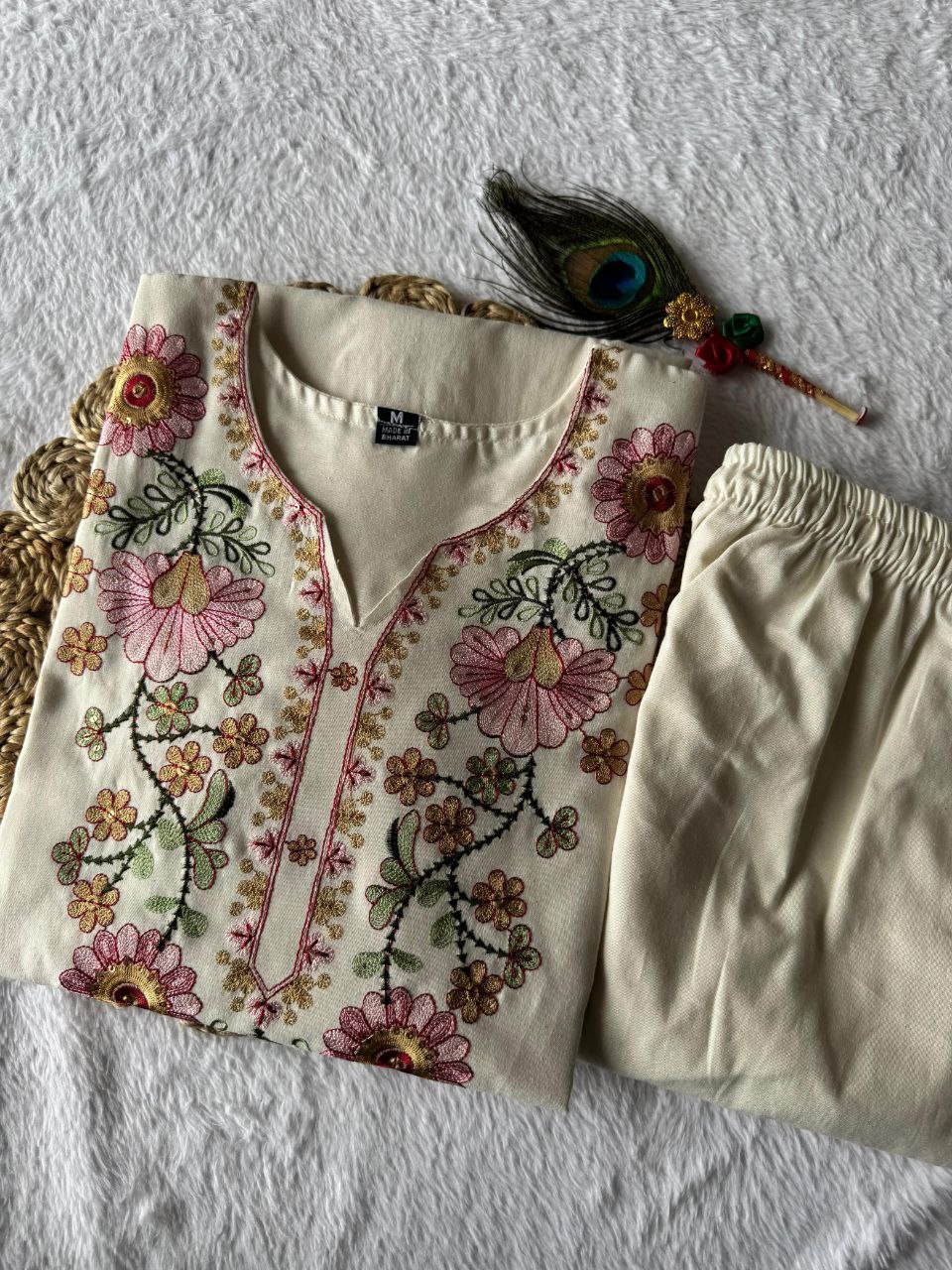 Offwhite Pure Khadi Cotton Embroidery Kurta Pant Set