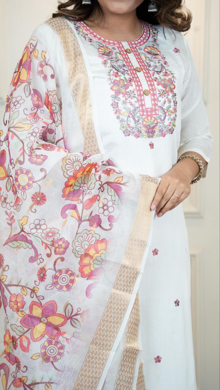 Offwhite Roman Silk Kurta Pant Set with Embroidery & Sequence