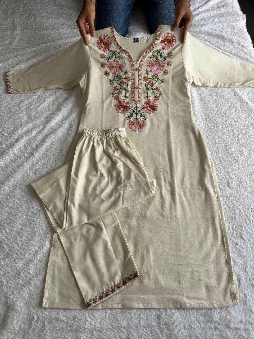 Offwhite Pure Khadi Cotton Embroidered Kurta Pant Set for Women