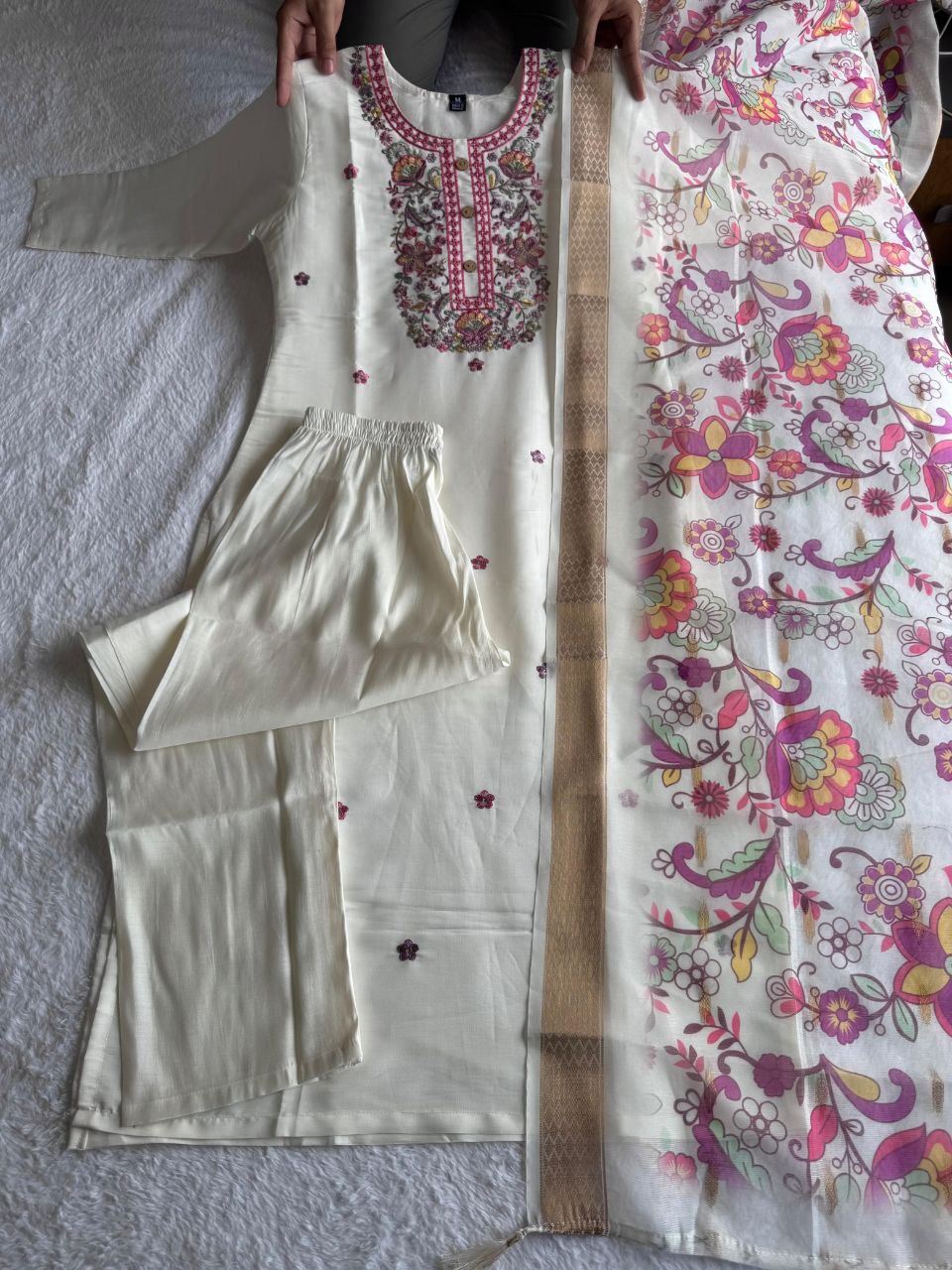 Offwhite Roman Silk Kurta Pant Set with Embroidery & Sequence