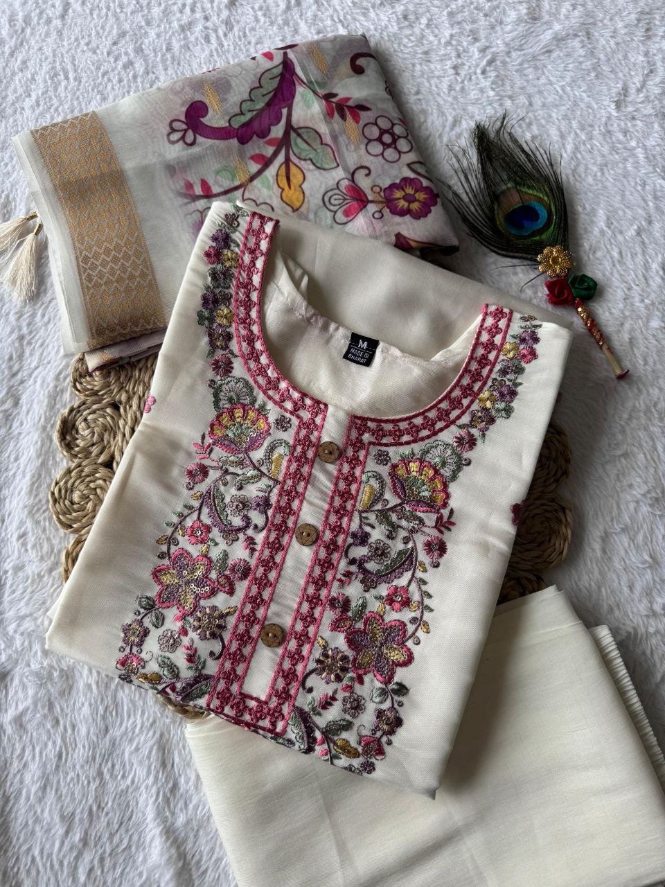 Offwhite Roman Silk Kurta Pant Set with Embroidery & Sequence