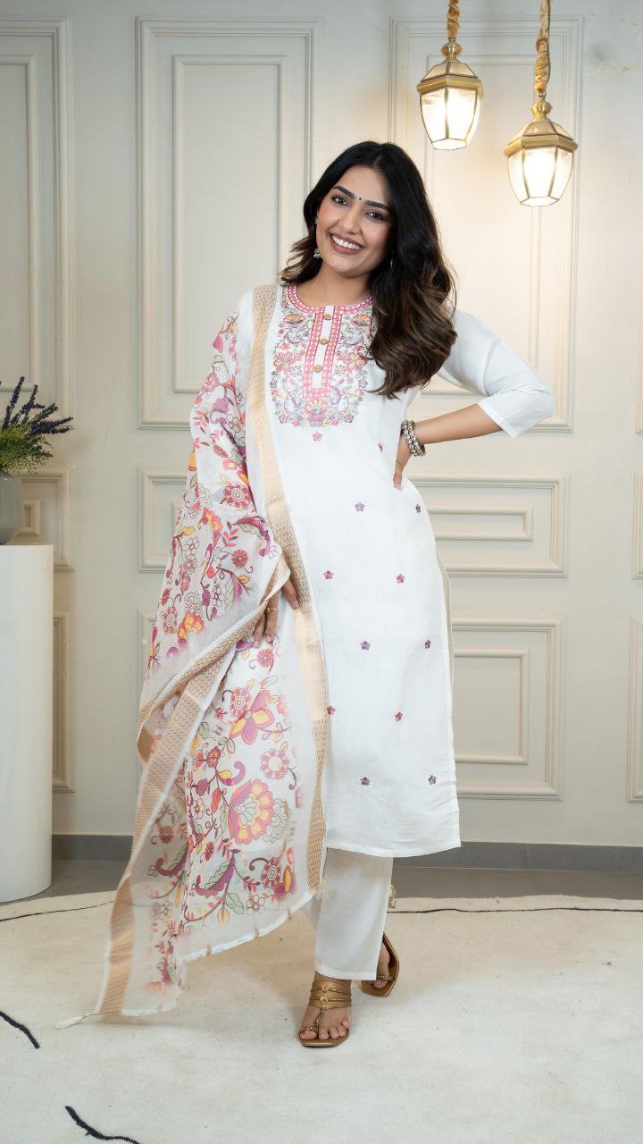 Offwhite Roman Silk kurta set featuring delicate multi-color embroidery and sequence work, including matching pants and dupatta.